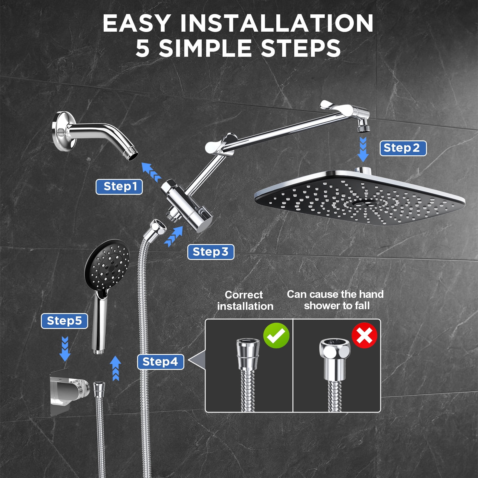 Veken Wide Rain Shower Head with Handheld, High Pressure Rainfall Showerhead Combo with Arm for Bathroom Accessories, Home Decor, Detachable Dual Shower with Multi Modes Handheld Spray, Silver Chrome