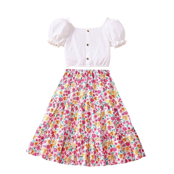 Girls Sets 10/12 Girls Bubble Sleeve Solid Color Temperament Blouse Floral Casual Loose Skirt Set Pink, 9-10 Years