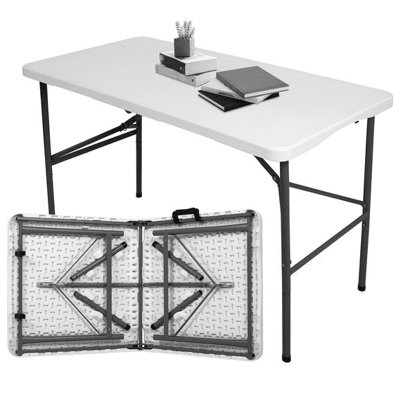 4 ft Folding Table, Lightweight Portable Table for Indoor & Outdoor, Picnic, Camping, Board Game with Carrying Handle, Locks - White