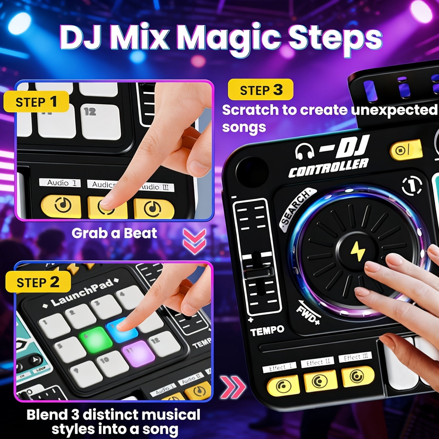 All-in-One DJ Mixing Controller with Electric Keyboard, Sound Effects & Recording Functions for Kids