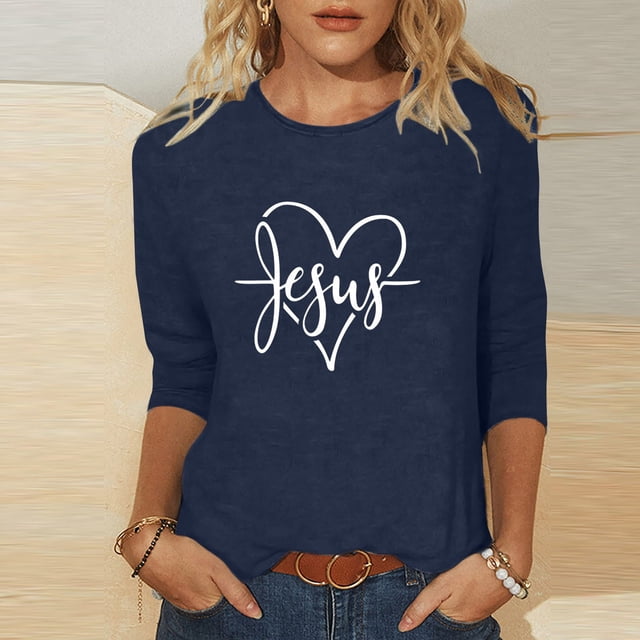 Xihbxyly Blouses pour Femmes Manches 3/4 T-shirt Imprimé Mode Manches 3/4 Blouse Col Rond Hauts Décontractés
