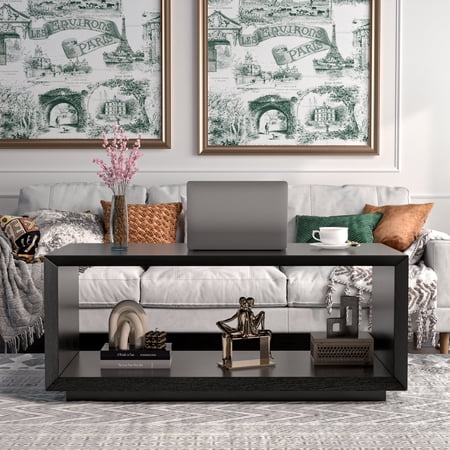 Farmhouse Wood Coffee Table Rectangle Coffee Table Simple 2-Tier (Black)