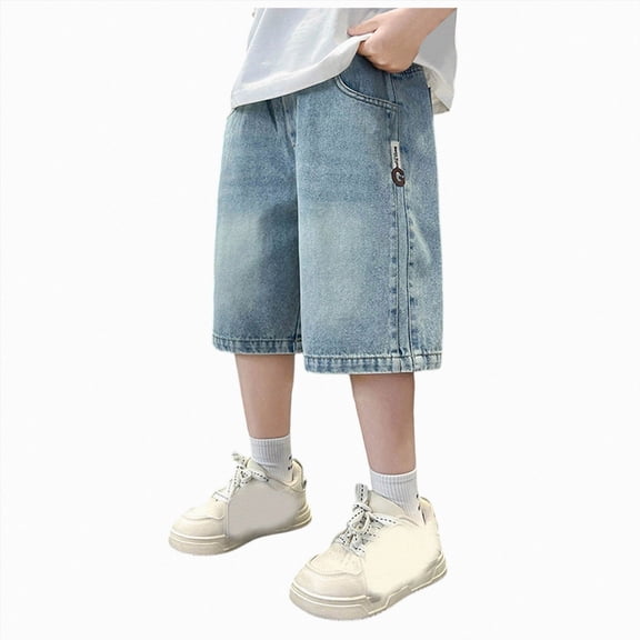 mgoYE Boys Baggy Jorts, Elastic Waist Wide Leg Jean Shorts Loose Denim Shorts with Pockets Y2K Streetwear(Blue,11-12 Years)