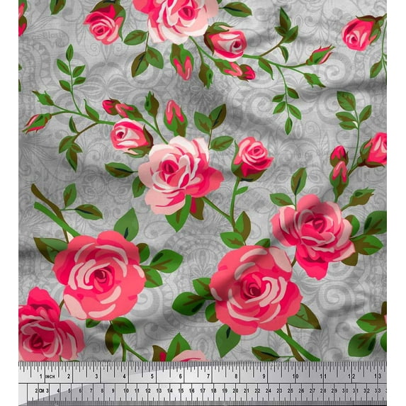 Soimoi Cotton Duck Fabric Leaves & Rose Flower Print Fabric by the Yard 56 Inch Wide
