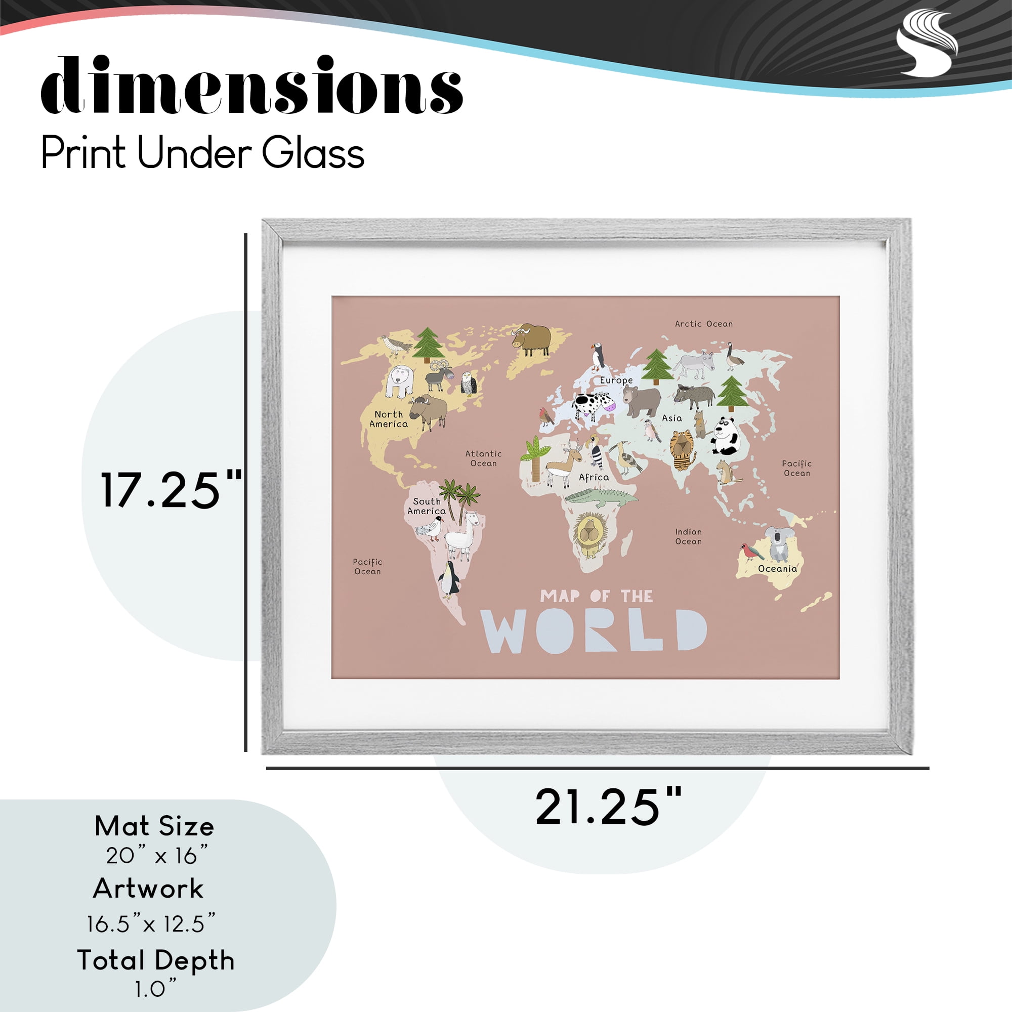 Kid's Map Of World Pink Gray Framed Print Under Glass, design by Carla Daly