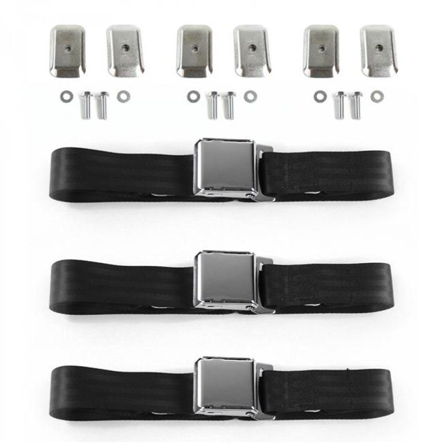 Airplane 2 Point Black Lap Bench Seat Belt Kit with Bracketry for Camaro 1982-1992 - 3 Belts