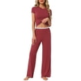 thumbnail image 1 of Conjuntos de pijama para mujer INSPIRE CHIC, camiseta de manga corta de punto, pantalones anchos de pierna larga con volantes, atuendos de 2 piezas, conjuntos de lounge Pj M color burdeos, 1 of 6