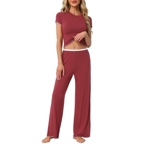 Conjuntos de pijama para mujer INSPIRE CHIC, camiseta de manga corta de punto, pantalones anchos de pierna larga con volantes, conjuntos de lounge de 2 piezas, XS Burdeos