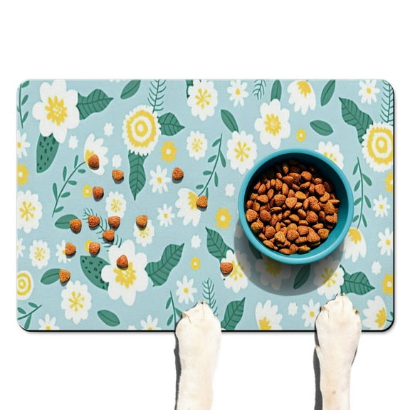 Country Floral Dog Bowl Mat - Rustic Farmhouse Style Pet Food Mat, Absorbent and Waterproof with Rubber Base