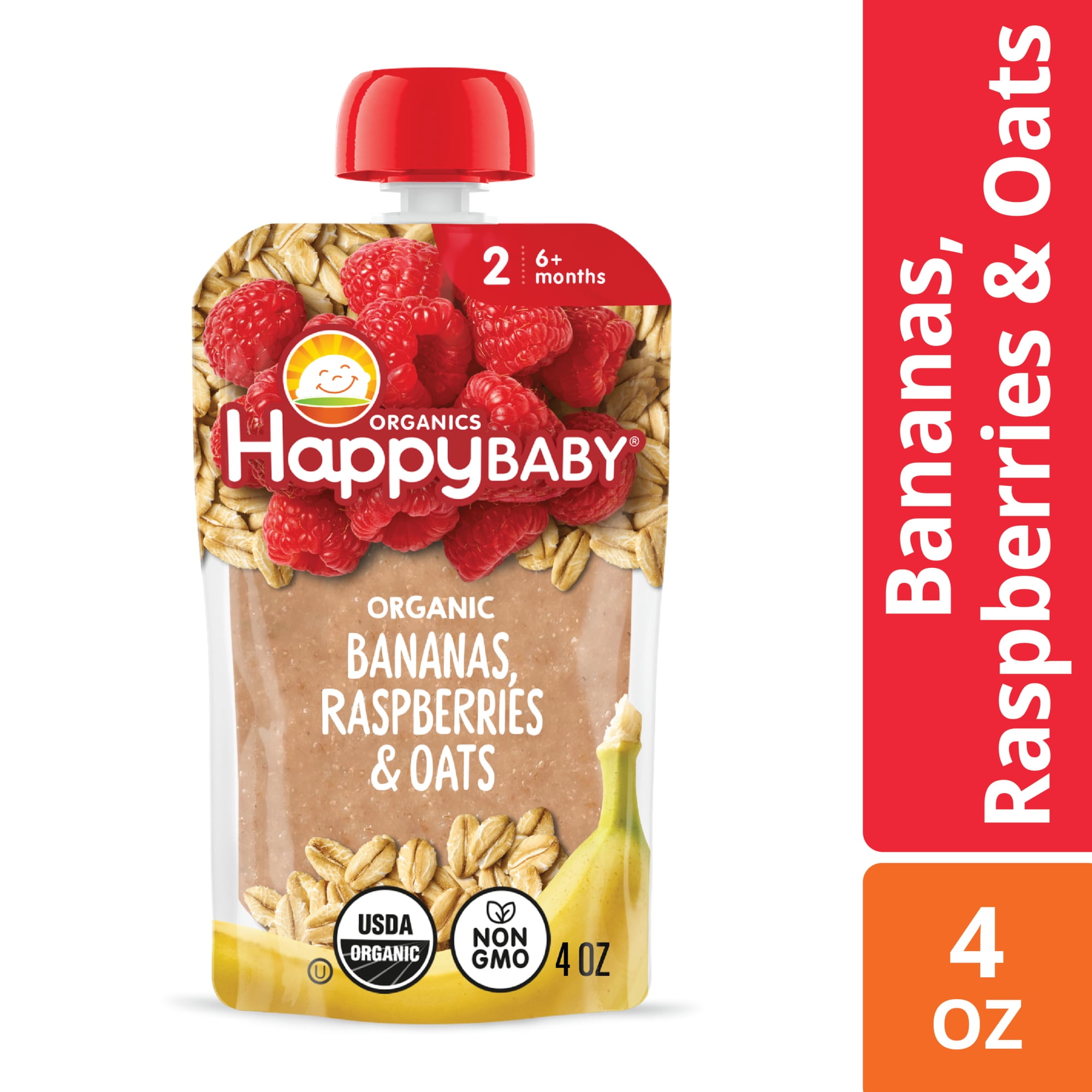 Happy Baby Clearly Crafted, Stage 2 Organic Baby Food, Bananas Raspberries & Oats, 4 oz. Pouch