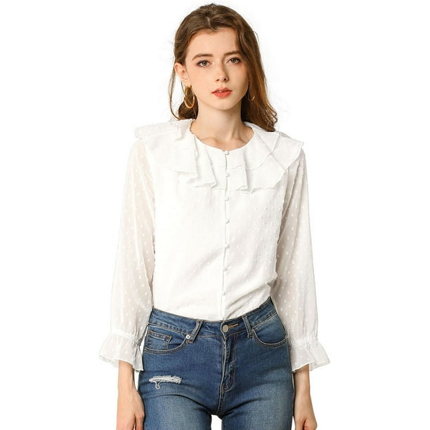 Blusa de Gasa Transparente con Lunares Allegra K Cuello con Volantes Botón Frontal Blanco S