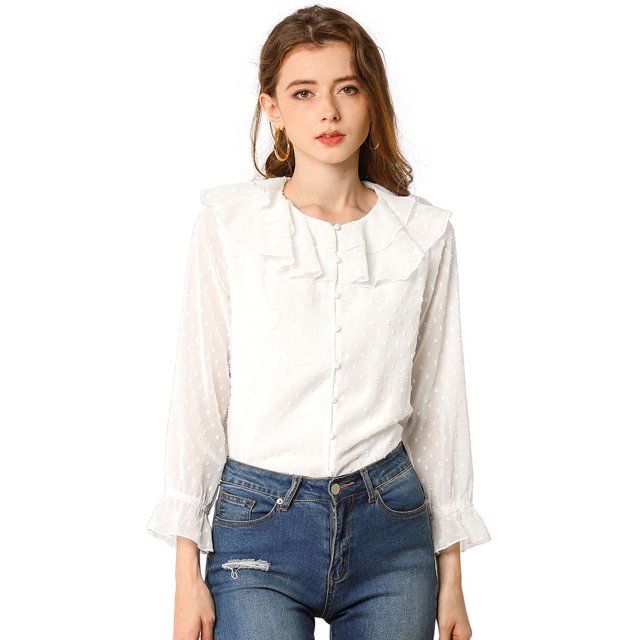 Blusa de Gasa Transparente con Lunares Allegra K Cuello con Volantes Botón Frontal Blanco S