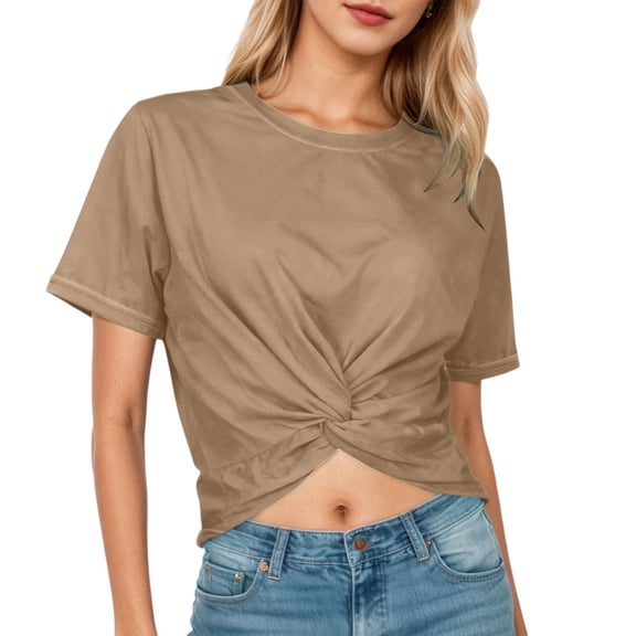 Daznico Women's Crew Neck Short Sleeve Twist Knot Cropped T-Shirt Casual Solid Top,M