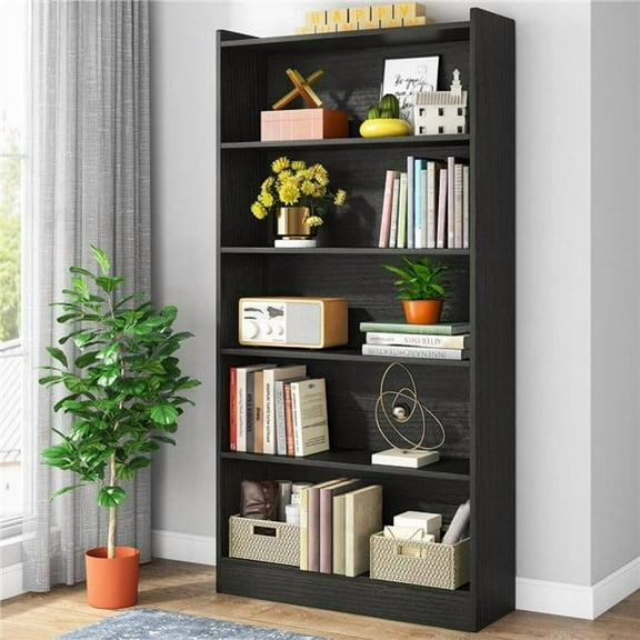 Liveditor TD-WQ23974 Wood Bookcase in Black, 72' Tall Bookshelf with 5-Tier Open Storage Shelves