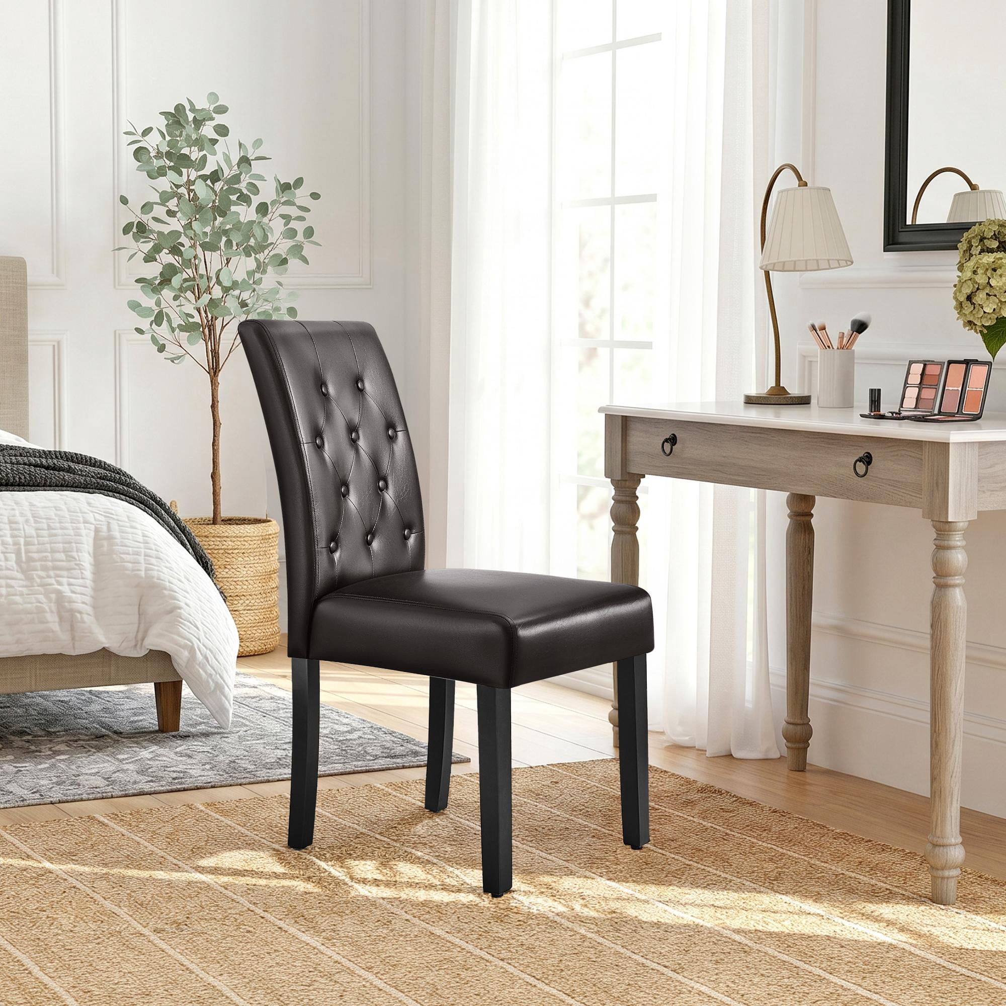Alden Design Tufted Upholstered Parson Faux Leather Dining Chair with Solid Wood Legs, Set of 2, Brown
