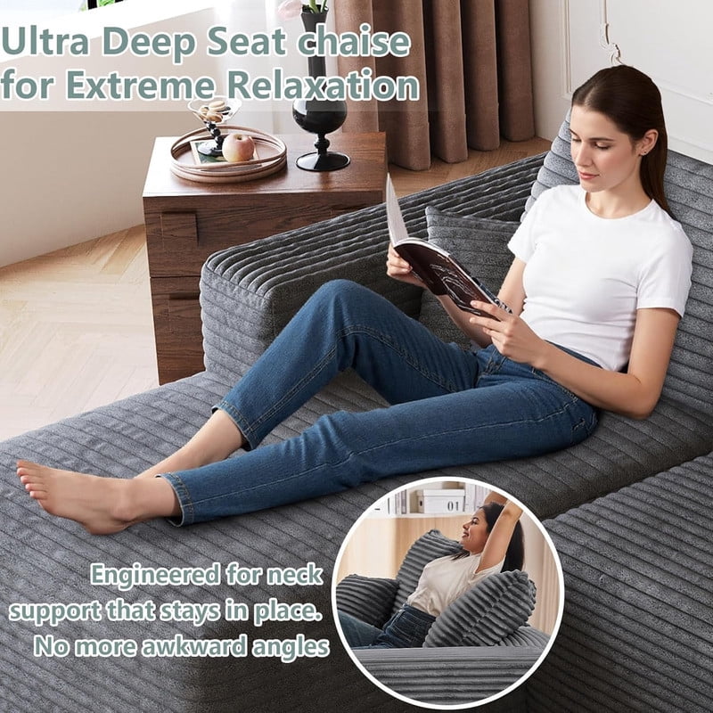 94'' Cloud Sectional Sofa with 2 Ottomans, Modular Upholstered Sofa Couch with Deep Seat, Plush Corduroy Fabric U Shaped Sofa for Living Room, Left Facing Chaise