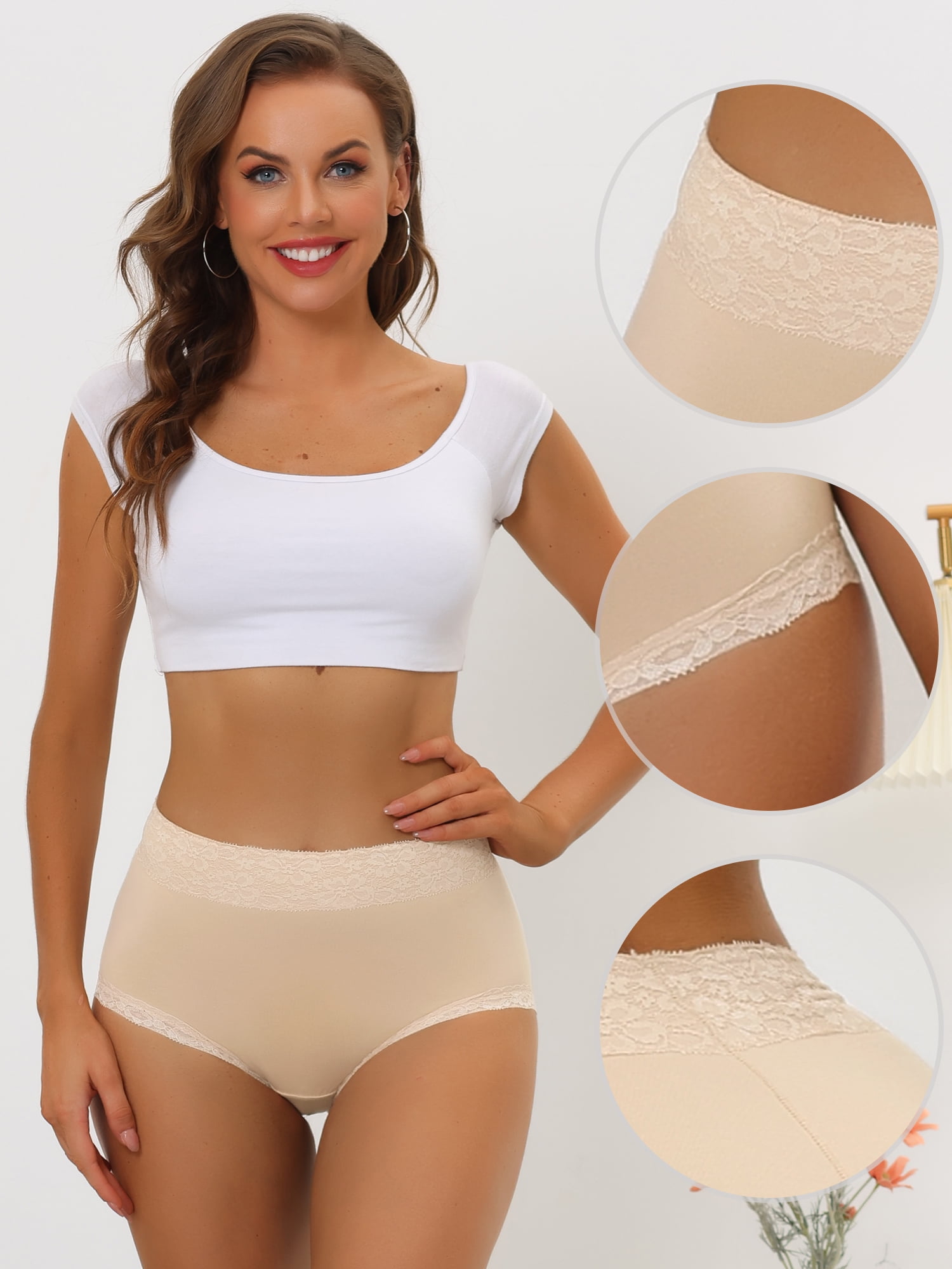 DARING DIVA Women's Cotton High-Lace Trim Tummy Full Coverage Brief Panties L Beige