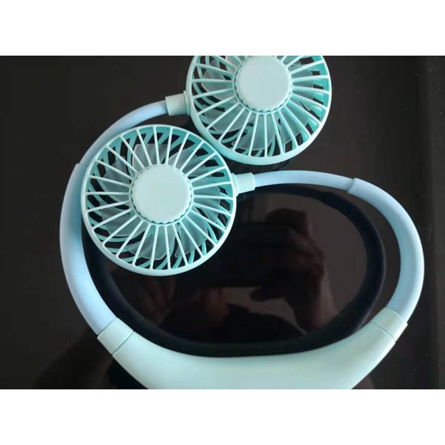 Ventilador de cuello azul, ventilador portátil, mini ventilador USB, ventilador de cuello portátil recargable, enfriador de aire de doble cabezal de viento de 3 velocidades para acampar al aire libre, sala de oficina JM