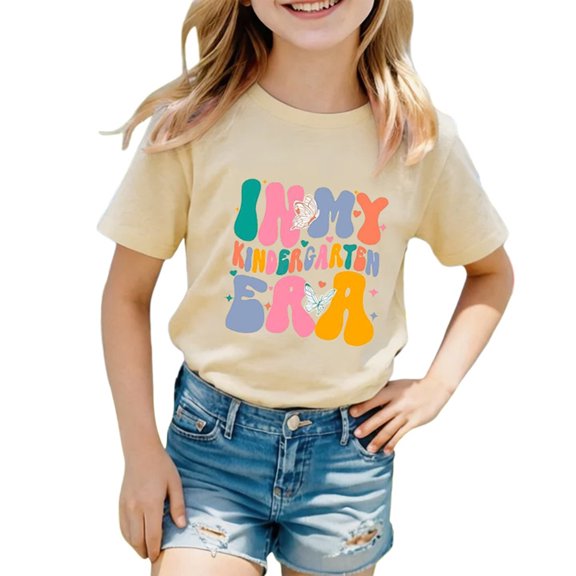 Girls Crew Neck Printed Short Sleeve T-shirt for Back to School,Comfortable Casual Kids Tops,Matches Pants and Skirts