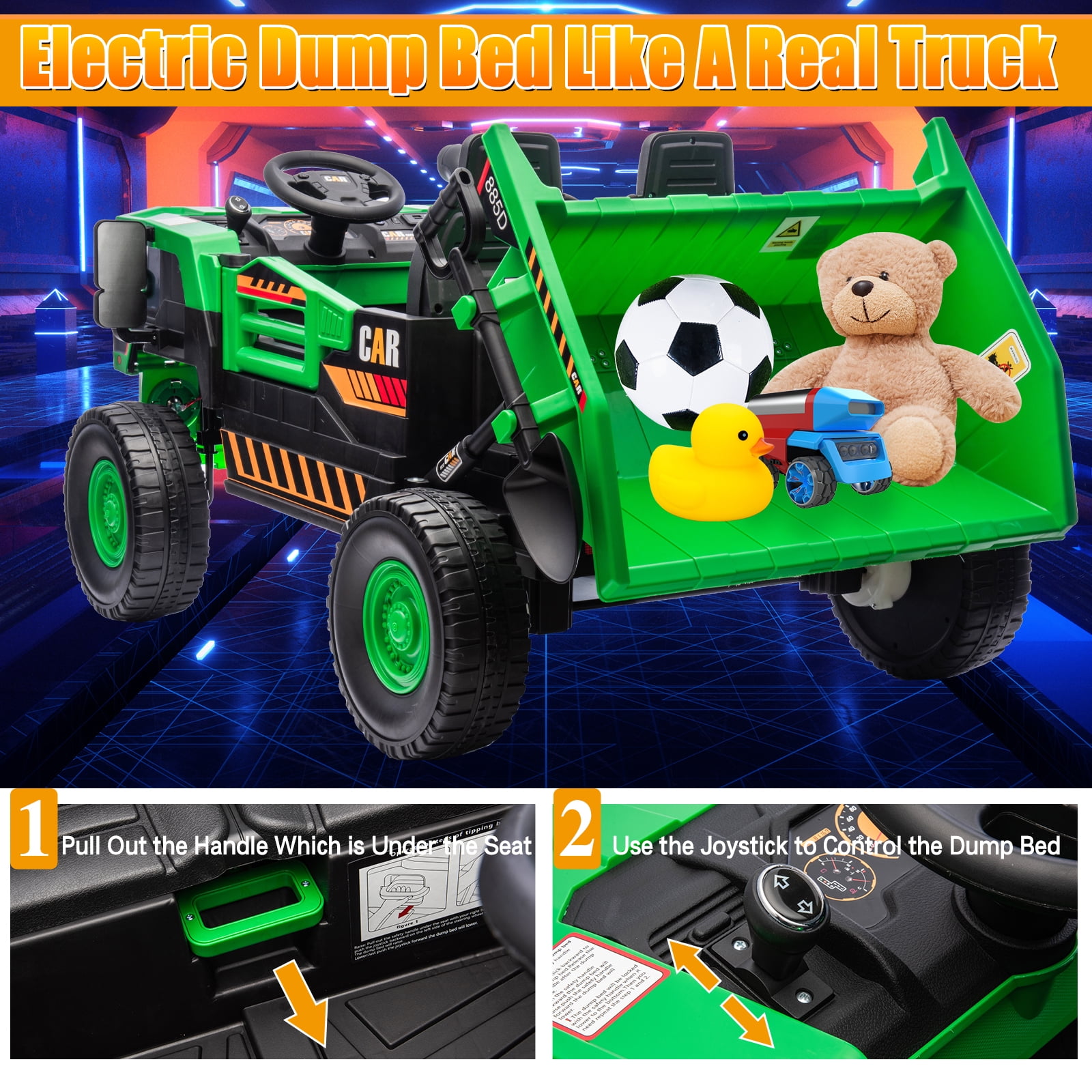 FINITO 12V 10Ah Ride on Tor for Toddlers, Powerful 4 Wheels Electric Dump Truck, 2 Seater Kids Ride on Car w/Parent Remote Control, Music Bluetooth, Green