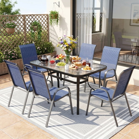 Arlopu 7pcs Outdoor Patio Dining Set with Rectangle Steel Table & 6 Textilene Stackable Chairs for Garden Poolside, Umbrella Hole, Tempered Glass Top