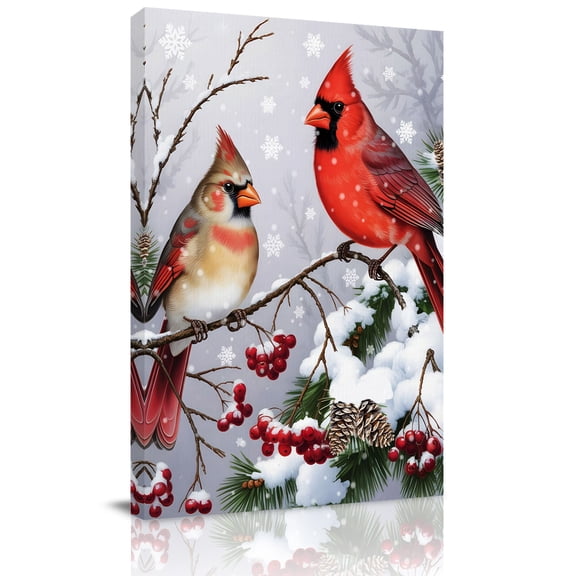 Canvas Wall Art, Christmas Cardinal Framed Canvas Prints for Bedroom Dining Room, Winter Farmhouse Red Bird Berry Needle Large Gallery Wrapped Wall Decor for Home Office, Gifts, 20"x24" Ship Next Day