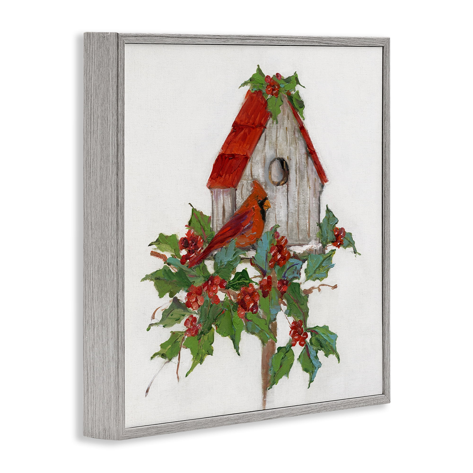 Stupell Industries Winter Plants & Birdhouse Holiday Painting Gray Framed Art Prints Wall Art, 17 x 17