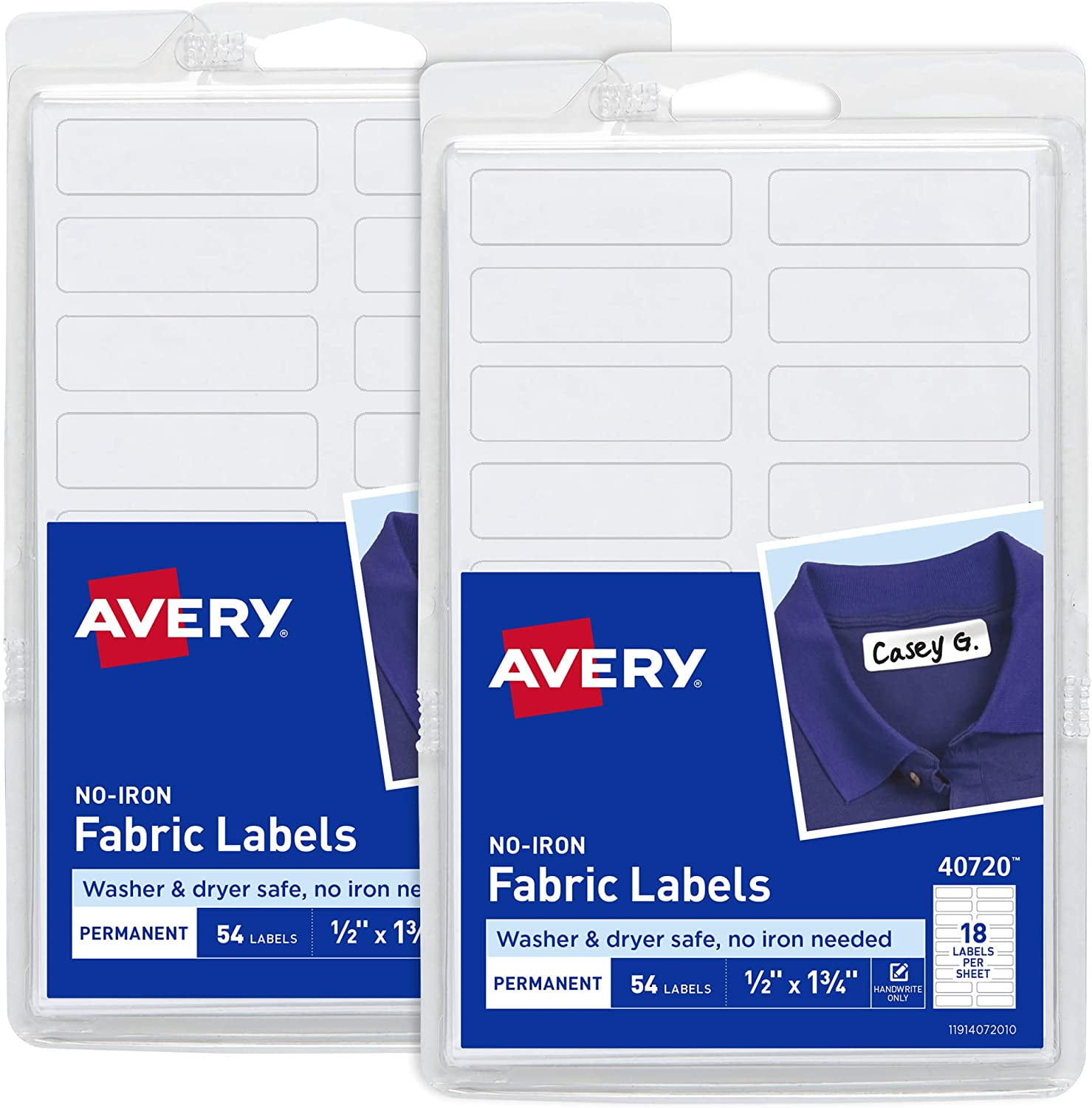 Avery No Iron Fabric Labels, 0.5” x 1.75”, Matte White, Handwrite Only, 2 Pack, 108 Labels Total (32130)