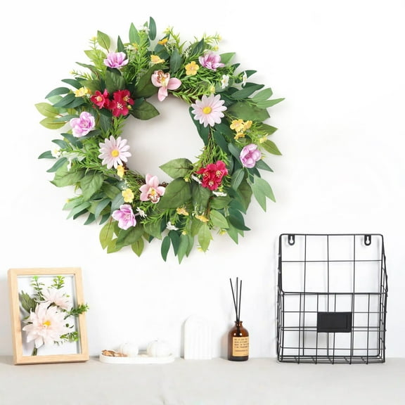 Miogawg Spring Wreaths For Front Door, Colorful Wildflower Wreath With Green Leaves, Floral Artificial Wreath For Front Door Home Wall Wedding Farmhouse Holiday Outdoor Indoor Decor