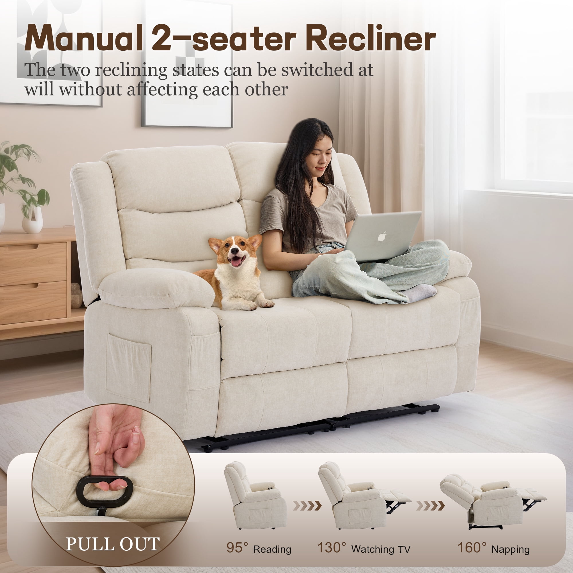 Korser Oversized Loveseat Recliner Sofa with Front Pockets and Side Pockets for Living Room,Home Theater,Beige