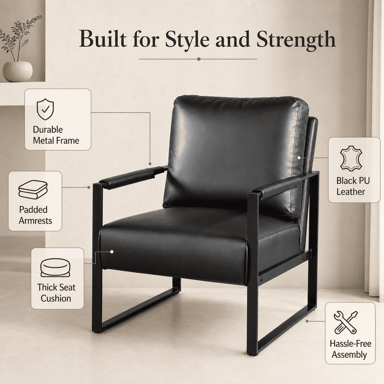 MOONMISS Mid-Century Modern Accent Chair,Black Square Metal Frame with Thick Cushion,Black PU