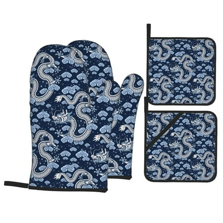 

Oven Mitts and Pot Holders Sets 4 pcs - Dragons Heat Resistant Silicone Oven Gloves with Non-Slip Silicone Surface and hot pads for kitchen Baking Cooking BBQ