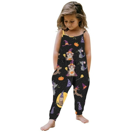 

New Year New You 2022! on Clearance Hesxuno Toddler Baby Girl Jumpsuits Summer Cartoon Printing Strap Romper Pants with Pockets Baby Girl Clothes