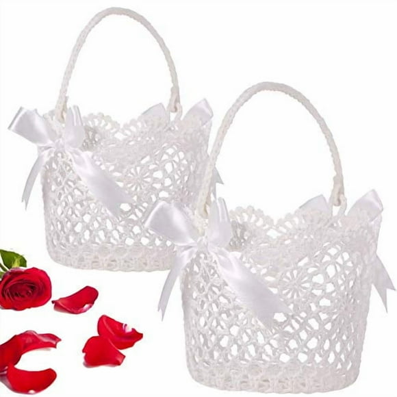 WILLBOND 2 Pieces Flower Girl Basket for Wedding Small White Basket with Handle for Wedding Girls Flower Petals Confetti 5.90 x 4.72 x 4.33 Inch(Silk Ribbon Bowknot)