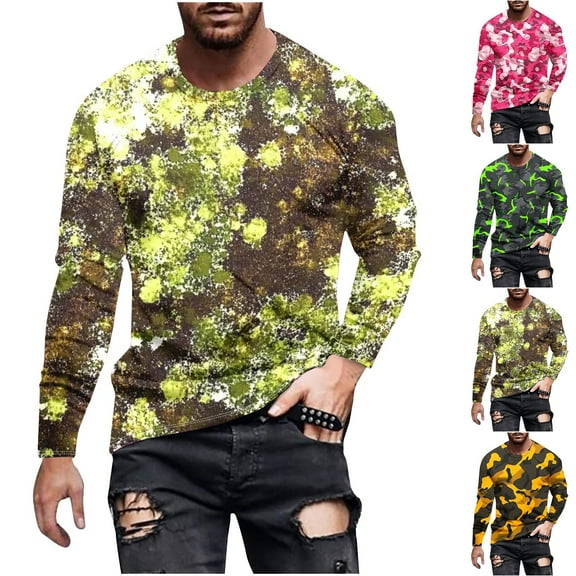 KeShDi Men's Shirts T Shirt Men's Camouflage Print Crewneck Casual Long-sleeved Pink M