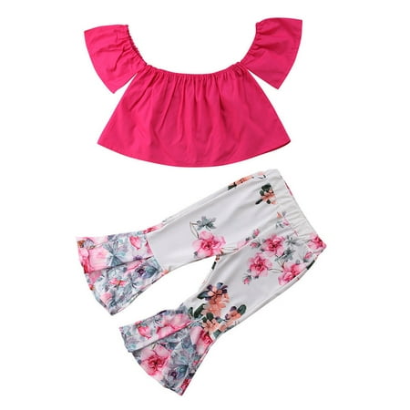 Baby Girls Off-Shoulder Tops Bell-Bottom Trousers Outfits Clothes 2PCs Cotton 2-3