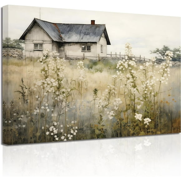 Retro Landscape Wall Art Wildflower Field Farmhouse Painting Prints French Country Canvas Pictures Rustic Wall Decor for Living Room Framed(1, (12.00" x 18.00"))