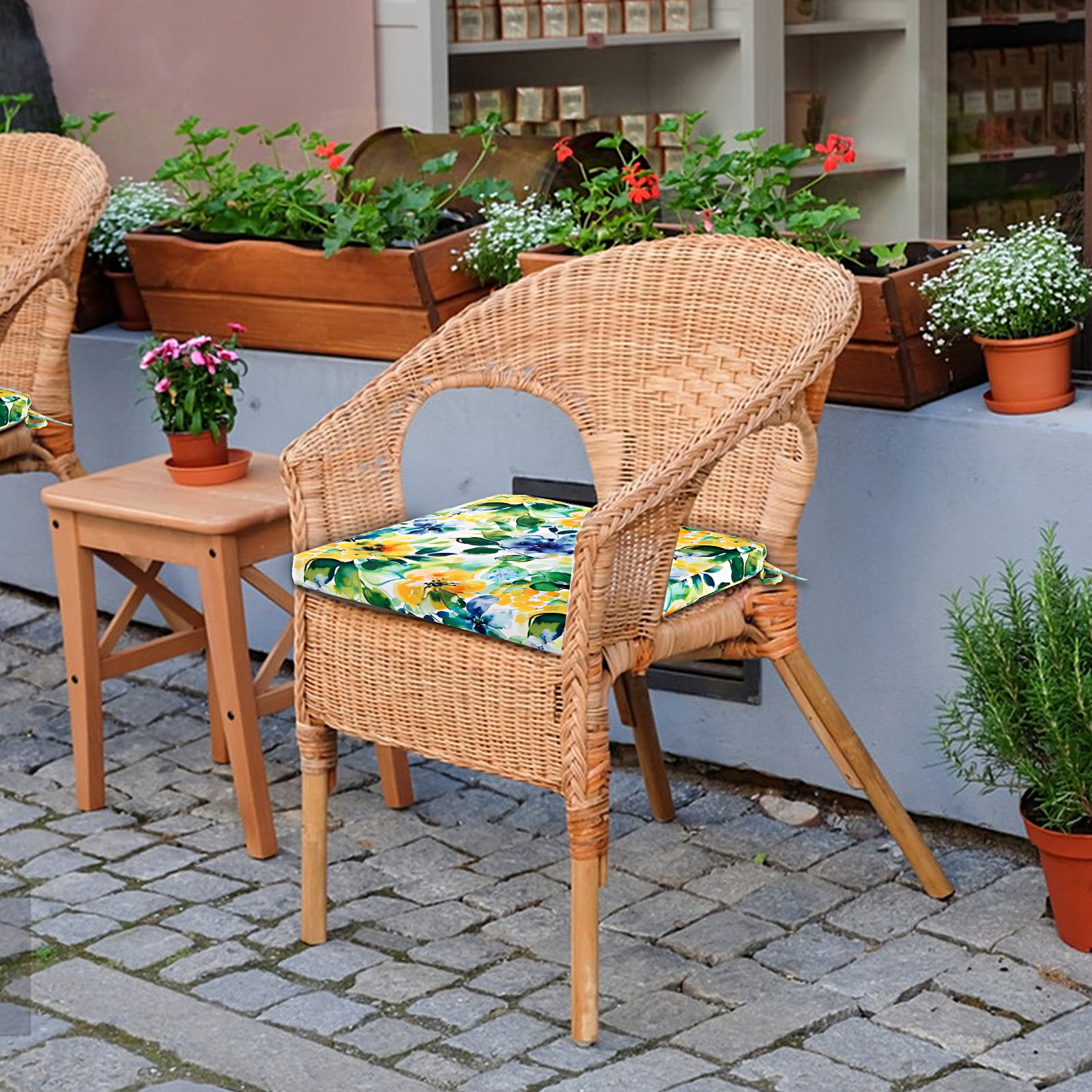 Patio Chair Cushions Set of 4, Outdoor Seat Cushions for Patio Furniture 17 x 17 Inch, Indoor Square Corner Dining Chair Pads Set with Ties and Inner Dust Cover, (Flower Blue)