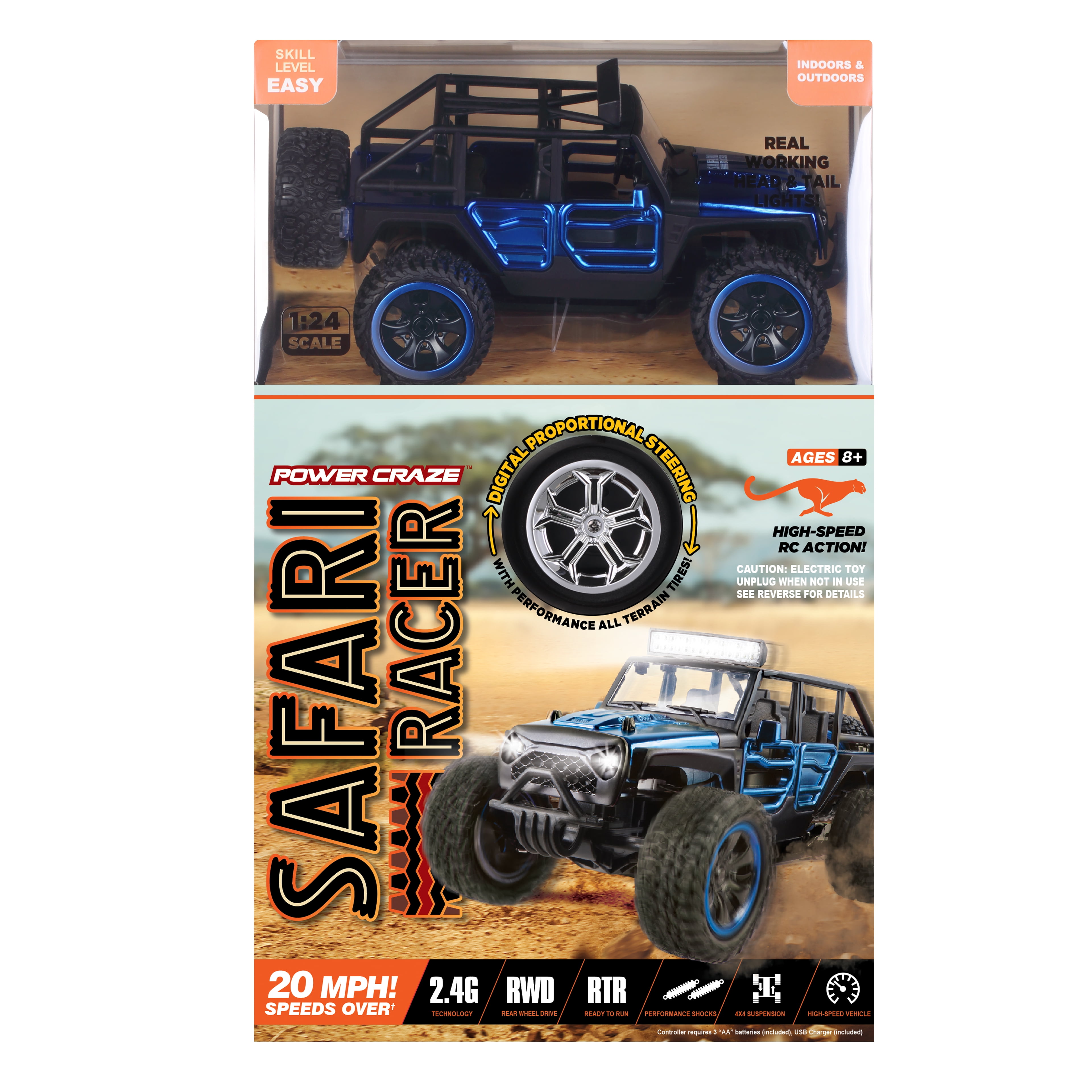Power Craze Safari Racer High Speed Buggy- Blue - Remote Control- 1:24 Scale- Indoor or Outdoor Play