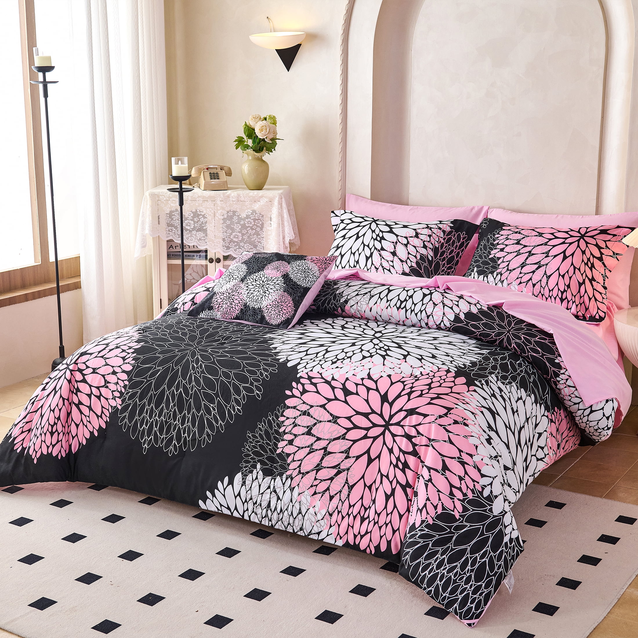 Koniroom 8 Pieces Black and Pink Floral Comforter Set Queen Size, Cute Flower Bed in a Bag with Sheets, Pillowcases, Shams, and Decorative Pillow Cover for Teen Girls and Women