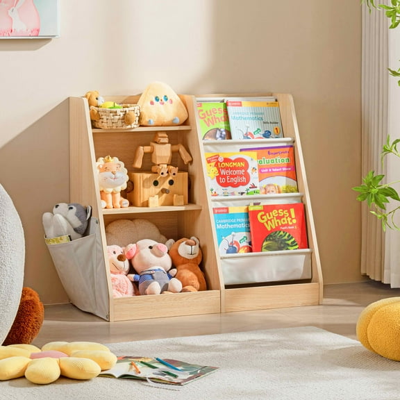 MAYEERTY Natural Wood 3-Tier Kids Bookshelf, 3 Sling Pockets   Side Pockets for Bedroom Playroom