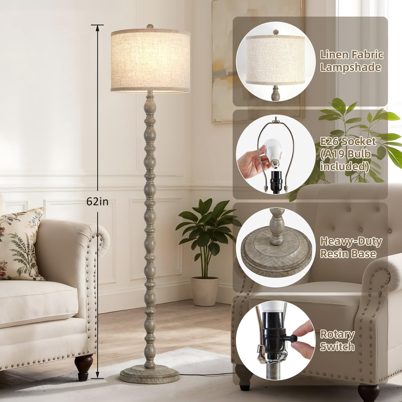62" Floor Lamps For Living Room 3 Color Temperature Retro Standing Lamp  Vintage Farmhouse With Rotary Rustic Tall Bedroom Office Corner(light Gray)