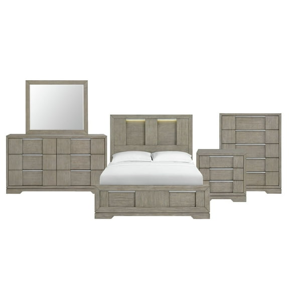 Picket House Furnishings Argo Queen Panel 5PC Bedroom Set with LED in Gray