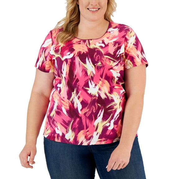 Karen Scott Plus Size Retro Wash Printed Top Steel Rose 1X