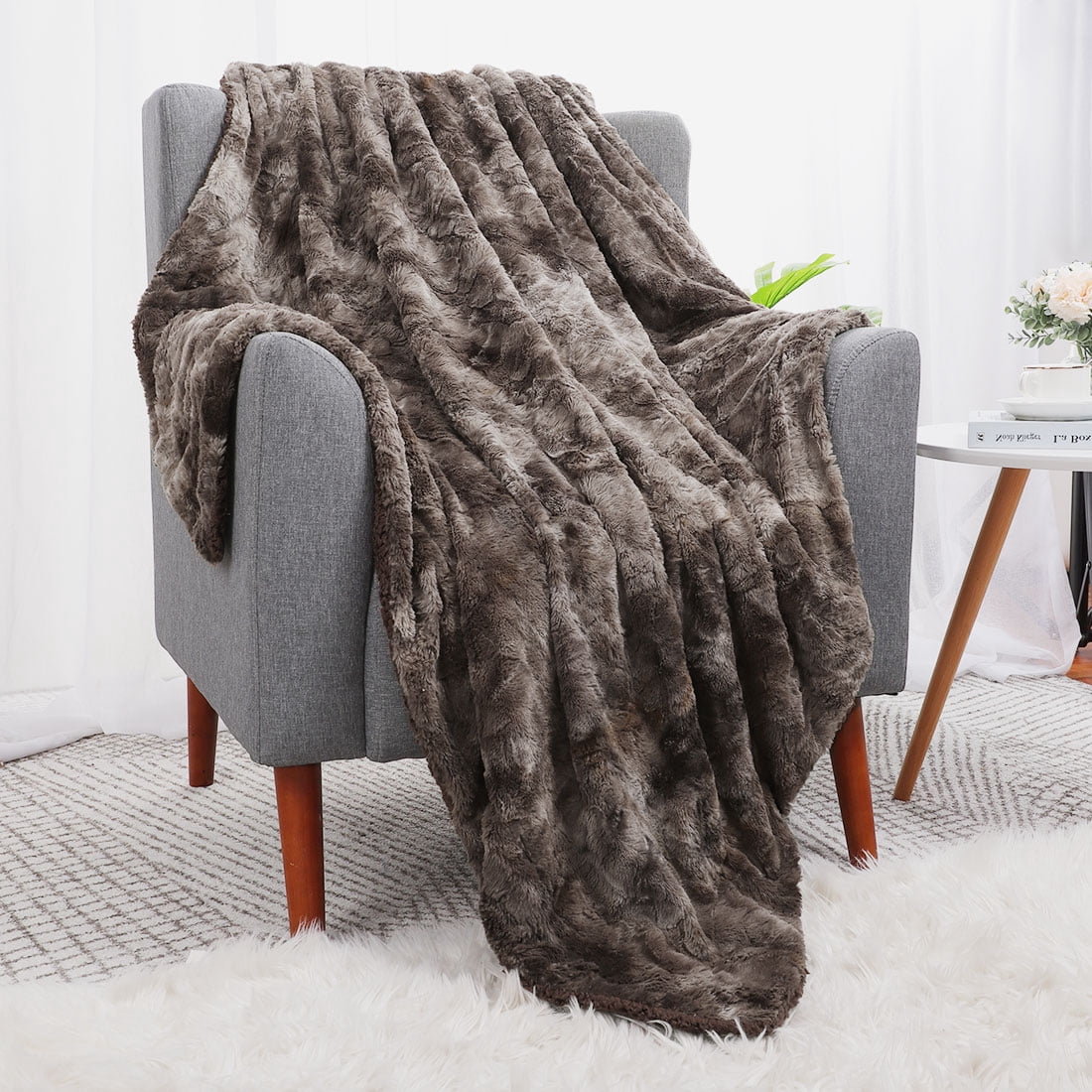Unique Bargains Faux Fur Shaggy Sherpa Throw Blanket, 60" x 77", Brown