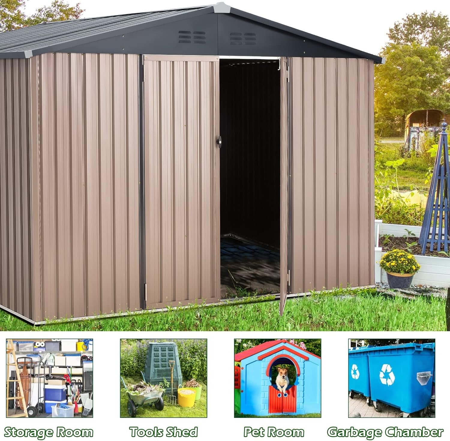YODOLLA 10' x 8' Outdoor Metal Storage Shed in Brown Patio Storage Building with Lockable Door for Garden, Backyard