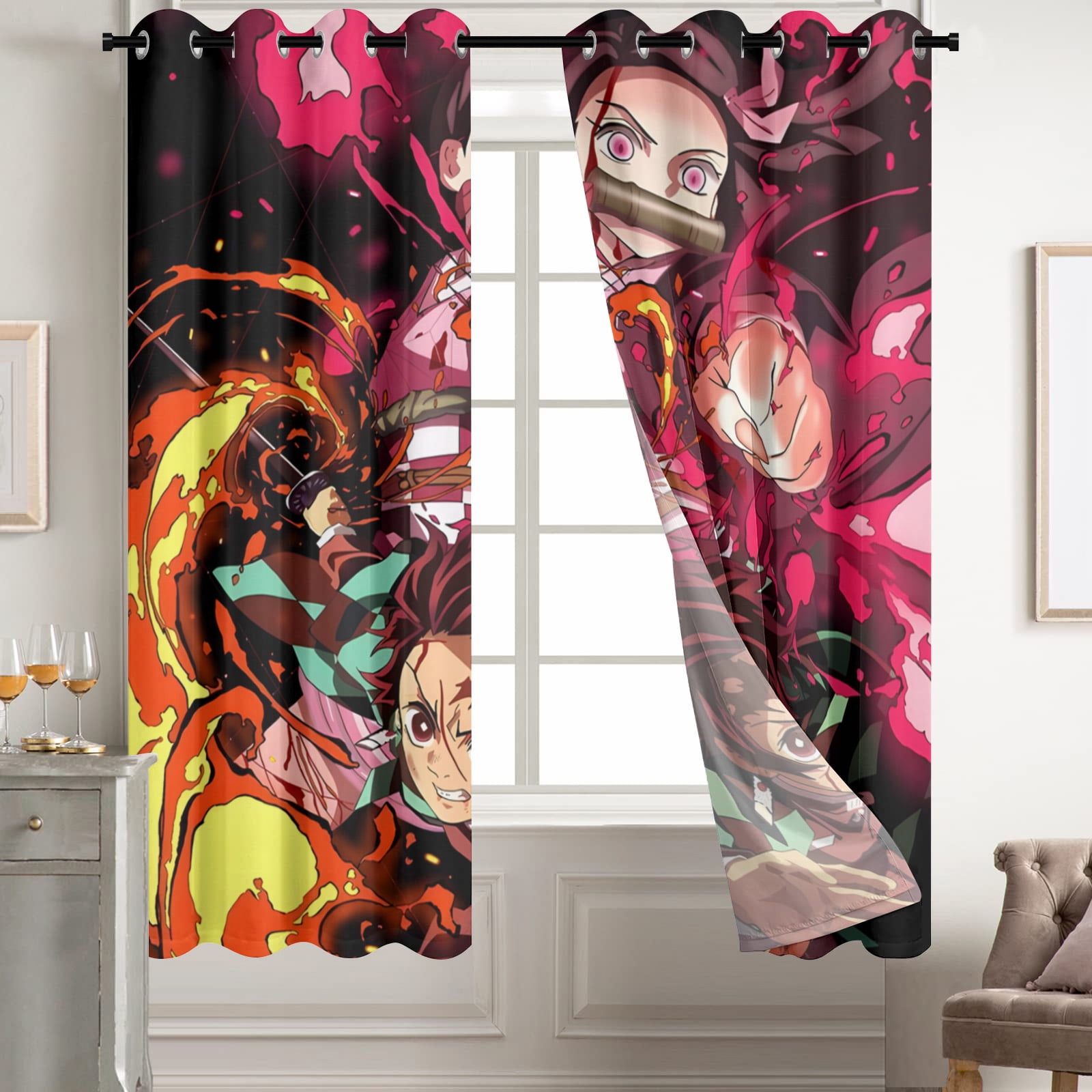 Anime Curtains for Bedroom Drapes Slayer Tanjirou Inosuke Kyoujurou Print Design Window Treatments Curtain Panel Set, 2-Panels, 52" W x 63" L
