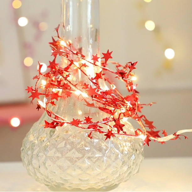 Guirnalda de luces LED de cobre con forma de estrella a pilas | 50 mini LED blanco cálido | Cable plateado flexible | Luces navideñas decorativas portátiles para coronas, bodas, cumpleaños y