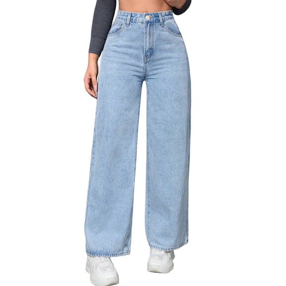 Women Straight Leg Jeans High Waisted Stretchy Wide Leg Boyfriend Jeans Denim Pants Light Blue XS