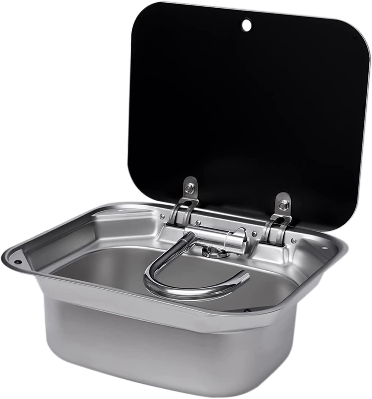 Miumaeov Single Bowl RV Caravan or Boat Stainless Steel Hand Wash Basin Sink with Folded Faucet Tempered Glass Lid van Camper Trailer Accessories